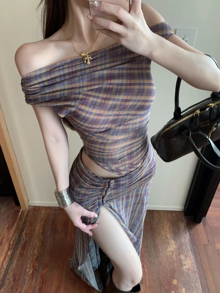 

Slanted collar off shoulder plaid dress women's summer design sense hollowed out waist exposed slit A-line long dress