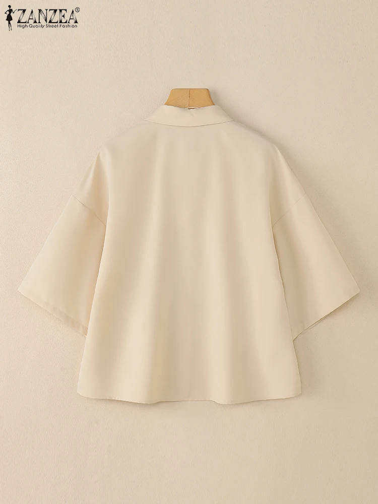 ZANZEA Camisas informales con cuello para mujer, camisa holgada de manga corta con hombros caídos y botones, Tops de gato bordados con estilo, S-3XL