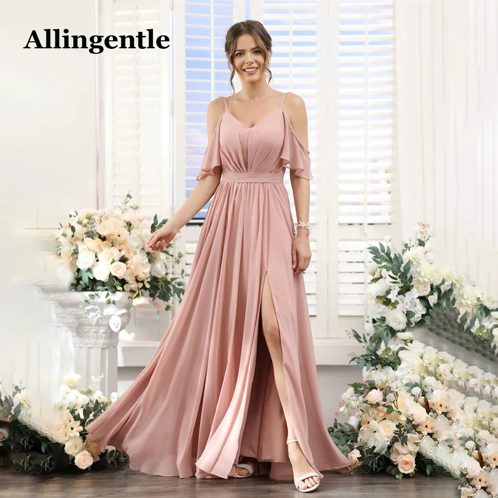 

Allingentle A-Line V-Neck Ruffles Sleeves Chiffon Floor Length Bridesmaid Dress Side Slit Maxi Dress Elegant Evening Formal Gown