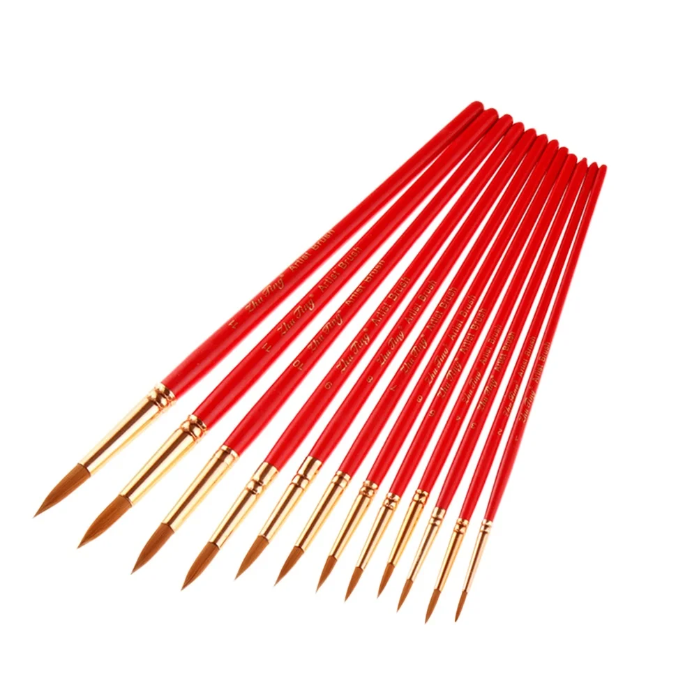 

12 Pcs Red Rod Watercolor Brushes Artist Paintbrush Set School Supplies Oil Painting Bamboo Handle Kids Nylon Hair