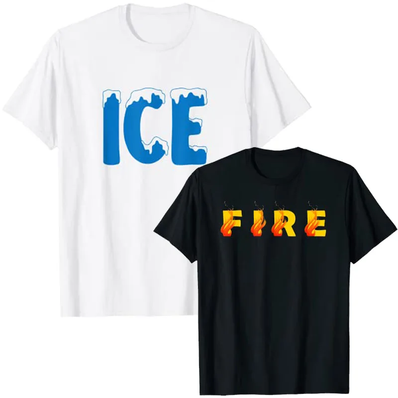 Funny Ice & Fire Couple Matching DIY Last Minute Family Halloween Party Costume Graphic T-Shirt Tee Tops
