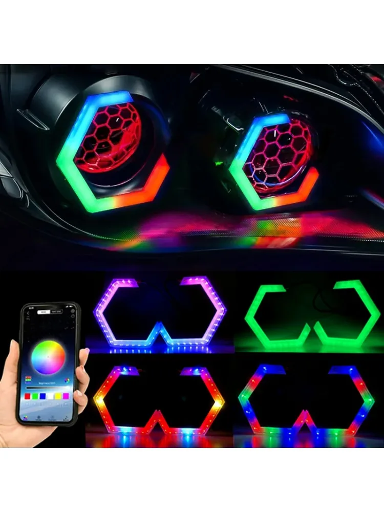 2 SZT. 12V/24V RGB RGB Sterowanie Aplikacją Sześciokątne Angel Eyes Halo Pierścienie Retrofit Reflektor Samochodowy Motocyklowy Białe Światła DRL + Bursztynowe Kierunkowskazy — 2