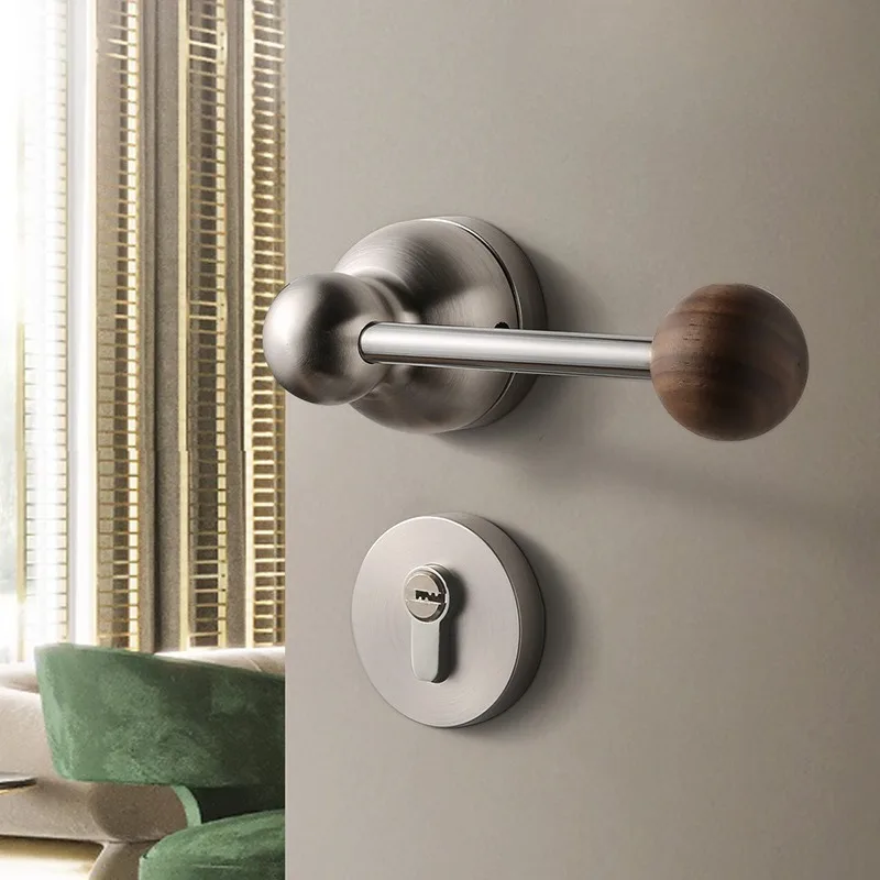 

Magnetic Silent Bedroom Door Handle, Brushed Silver and Black Lock, Solid Wood Walnut Ball Door Lock, Brushed Silver.
