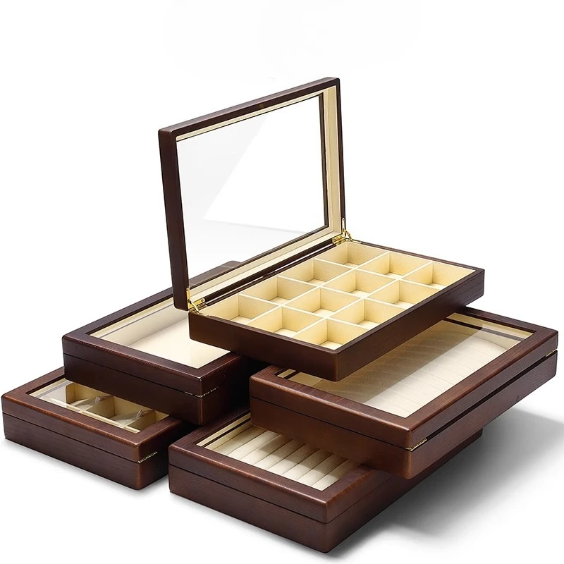 صندوق مجوهرات شفاف من الخشب الصلب، منظم كبير وخاتم وقلادة، حقيبة تخزين مبطنة بالمخمل، صندوق كنز رائع