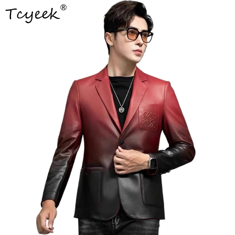 

Tcyeek Верхний слой из коровьей кожи Весна Осень Винтажный костюм с воротником винно-красного цвета Мужская куртка из натуральной кожи Куртка Кожаная Мужская 가죽 자켓
