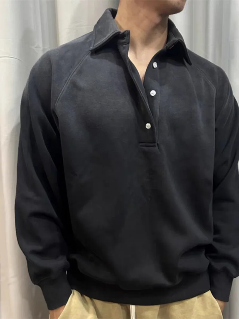 Y2k Autumn Winter New Mens Loose Casual Polo Sweatshirt Retro Washed Black Sporty Top