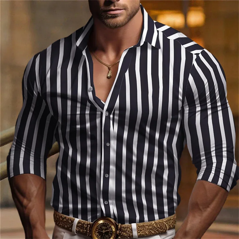 New men's long sleeved button up shirt, solid color striped printed shirt, soft and comfortable muscular men's shirt, plus size