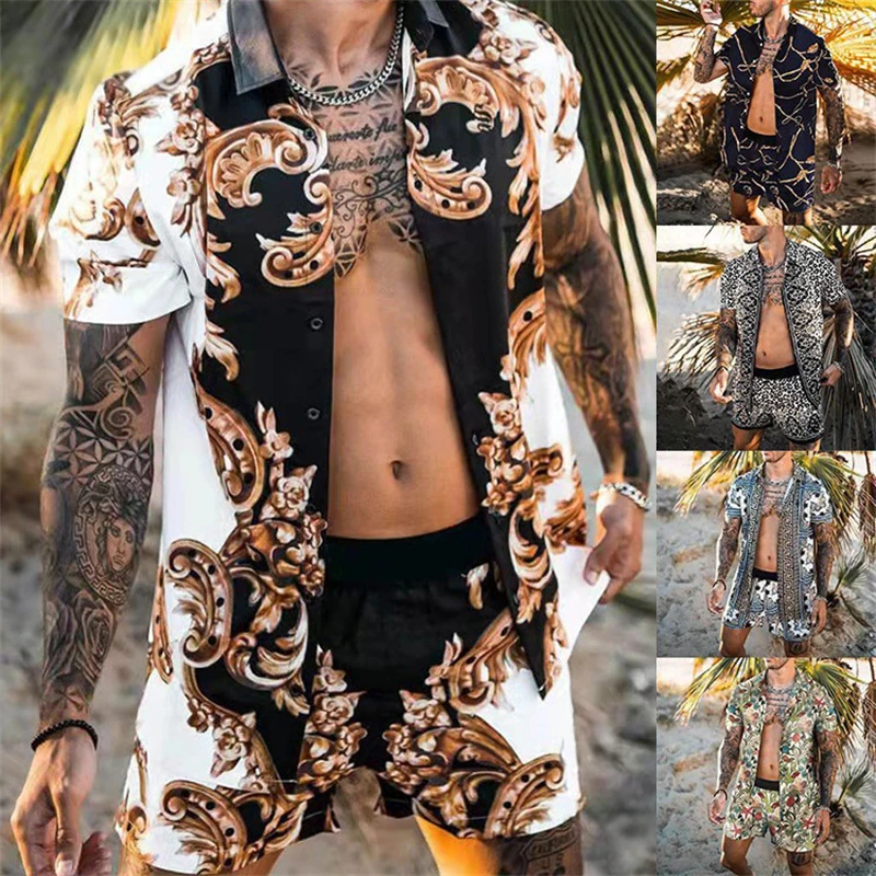 New Fashion Hawaiian Shirt Set Mens Printing Set Short Sleeve Summer Casual Floral Shirt Beach Two Piece Men Sets S-3XL