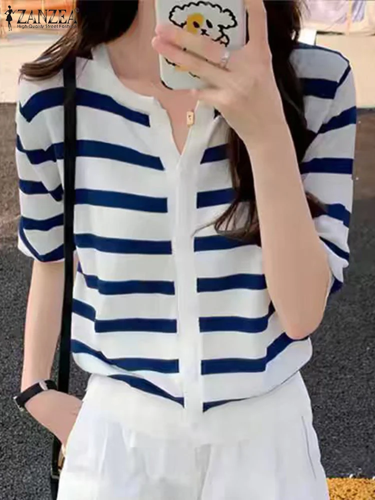 

ZANZEA Summer Fashion Short Sleeve T-shirt Women Korean Stripe Shirts Vintage Patchwork Baggy Tops Casual Loose All-match Blouse