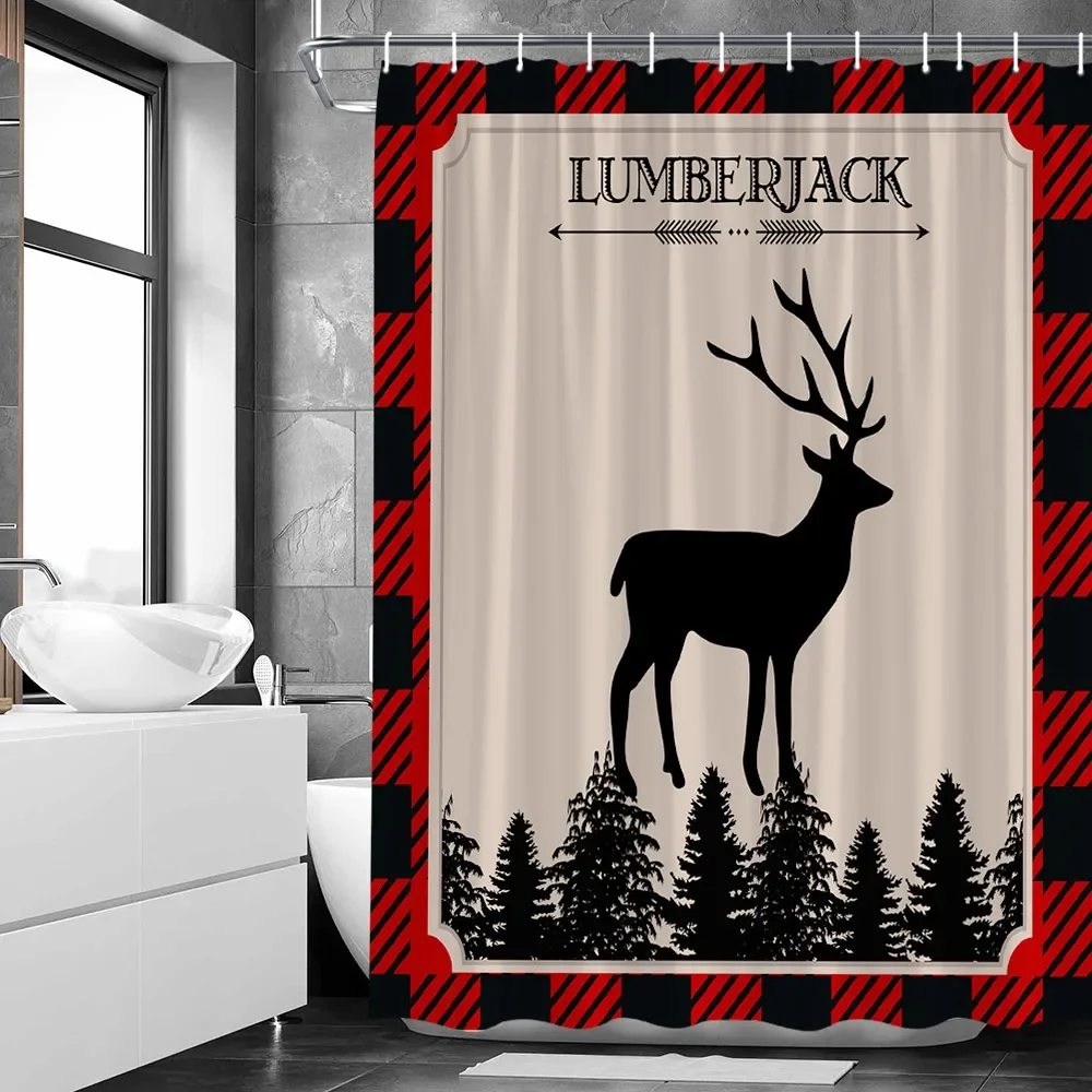 Rural Farmhouse Decor Shower Curtains Black Red Buffalo Pine forest wild animals Bear deer Fabric Farm Decorative Bath Curtain