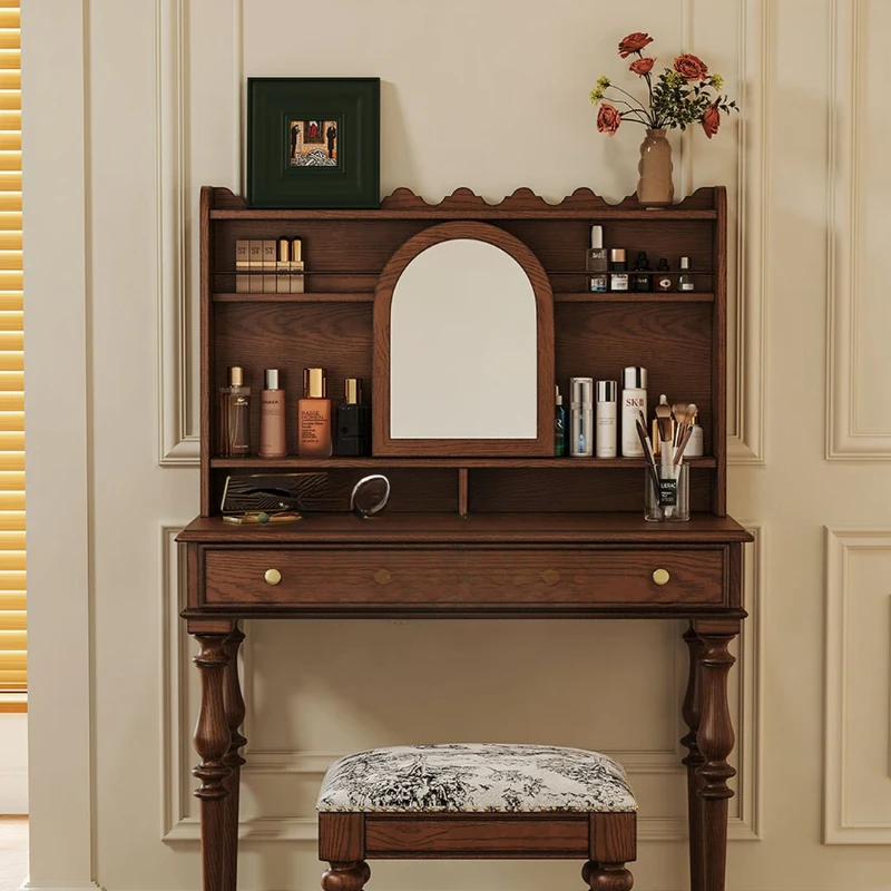 Dressing table and cabinet integrated, all solid wood medium and ancient French retro bedroom bedside dresser