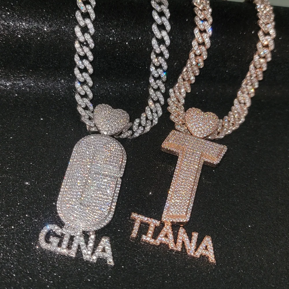 Custom Big Bold Initial With Mini Letters Personalized Icy Heart Bail Name Necklace With 9MM Cuban Link Chain Hip Hop Jewelry view 2