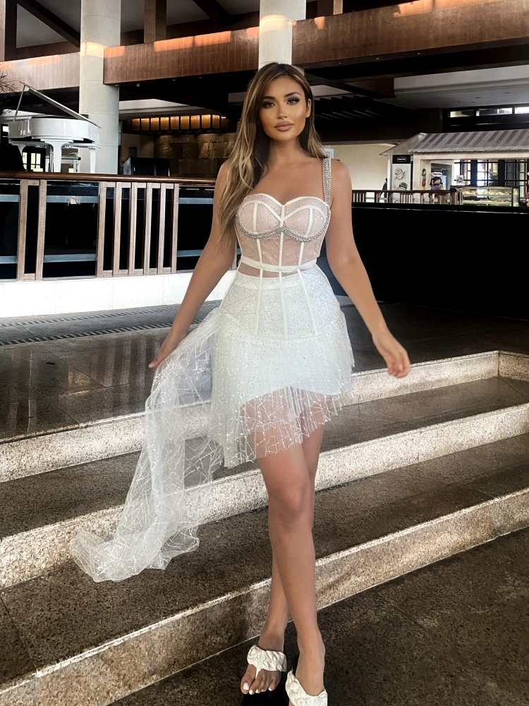 Summer White Diamond-Embedded Two Piece Set Women Strap Lace Mesh Sequins Top+ Mini Draped Skirt Set Nightclub Party Outfits