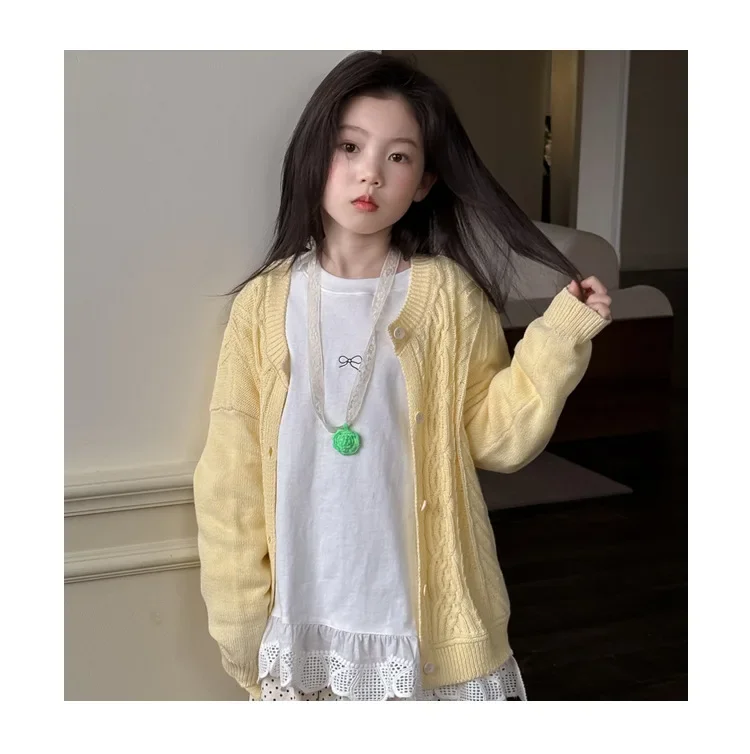 KIDS Girls' Spring 2025 New Children's Korean Butterfly Knot Printed Flower T Design Feel Lace Long Sleeve