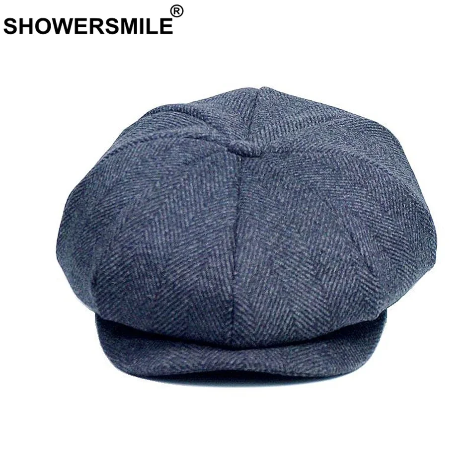 SHOWERSMILE Gray Men Newsboy Cap Woolen Herringbone Flat Caps Coffee Retro Eight Piece Male Vintage Autumn Winter Octagonal Hats