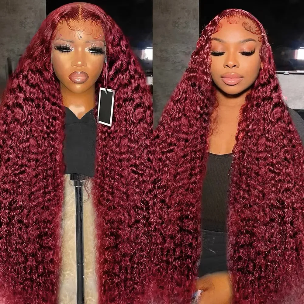 

99J Burgundy 200% Deep Wave Frontal Wig Transparent 13x4 13x6 HD Lace Front Human Hair Curly Red Colored Lace Wigs For Women