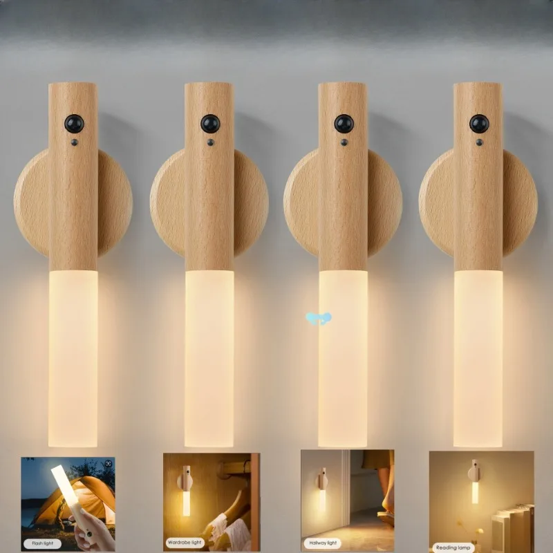 usb Rechargeable Dimmable led Wooden Sensor Night Light2pcs