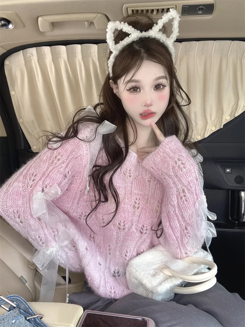 Sweet Autumn 2024 New Soft Hollow Loose Top Bow Purple Sweater for Women Sueter Mujer Knitwear Y2k Clothes Pink