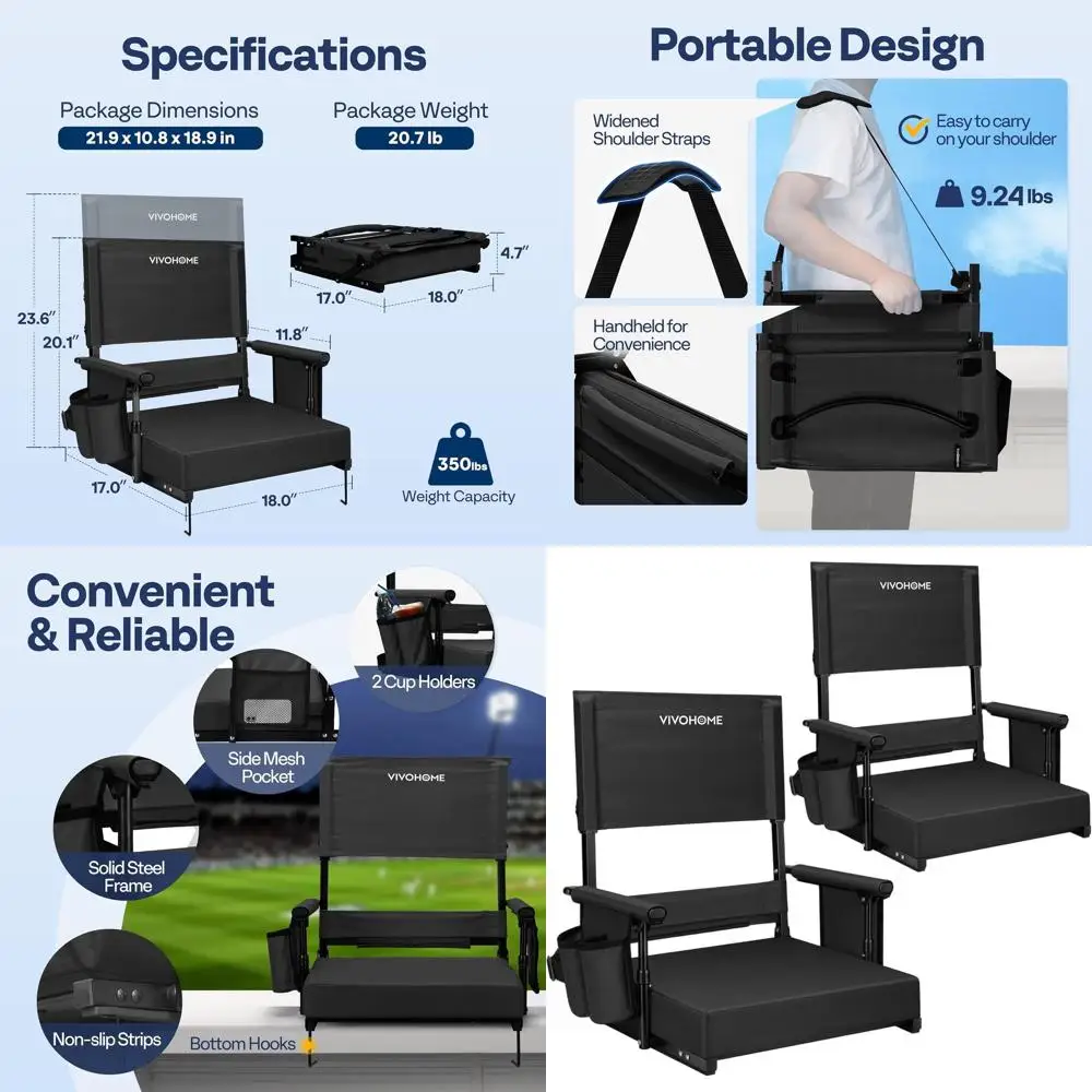

Регулируемые по высоте сиденья для стадионов с высокой спинкой, поддержкой для спины и подушкой, 2 портативных кресла для трибун с подстаканником и держателем для обуви