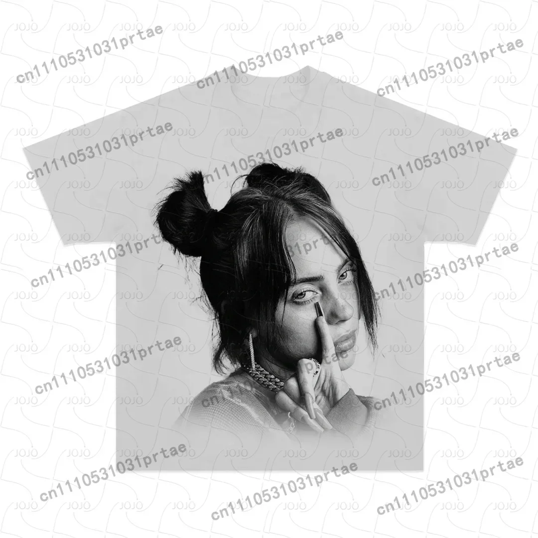 Billie Eilish Retro Pattern T-shirt 2025 Summer Men's Women's Hip Hop Clothing Y2k Fashion Street Style Pure Cotton Tshirt Black