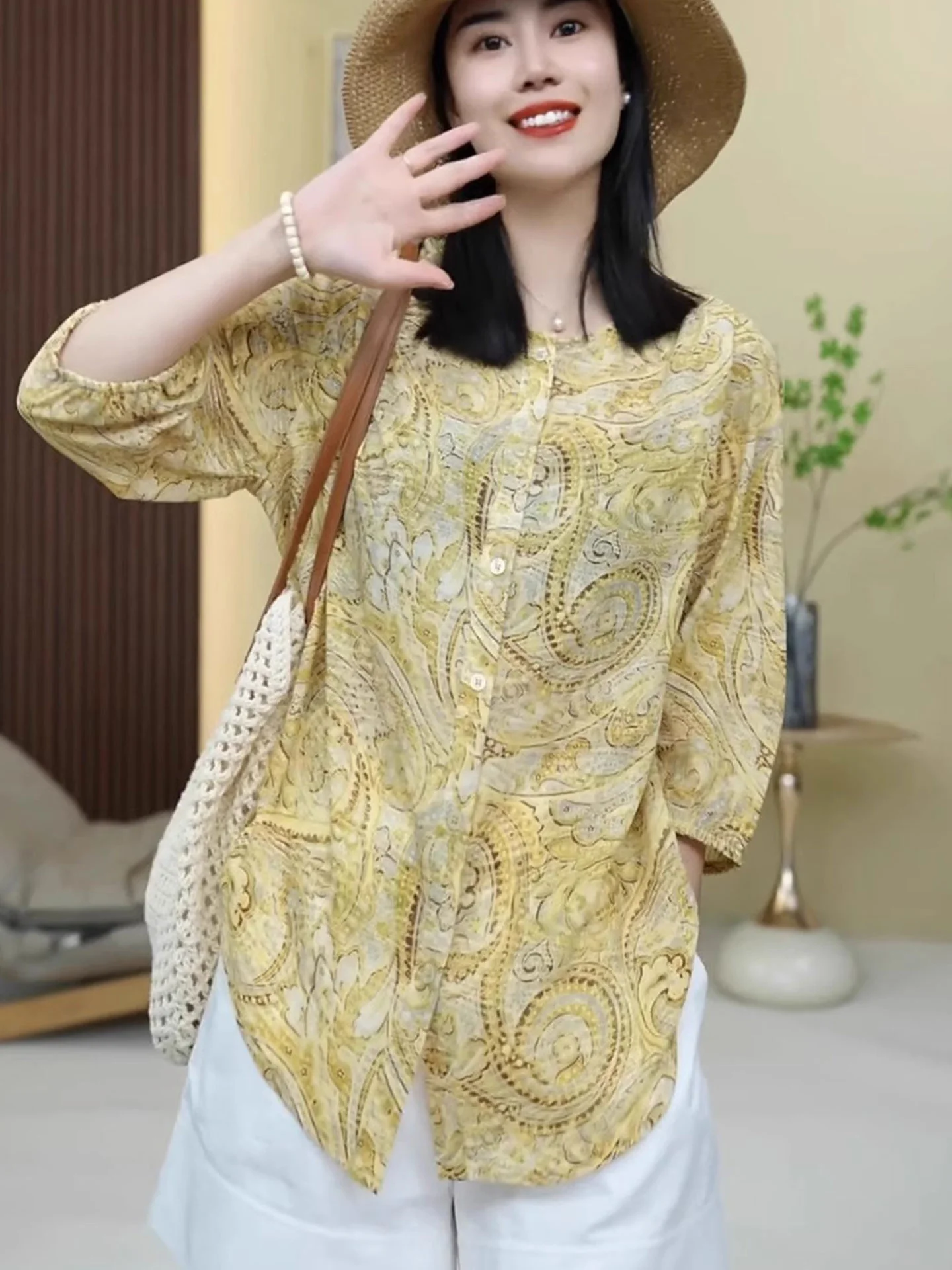 

Элегантная свободная блузка с одной пуговицей, дышащая, приятная к телу, с рукавом до локтя, в корейском стиле, для повседневной носки, из шелковой смеси, летняя, O...