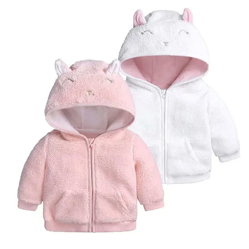 Cartoon Cute Baby Jacket Long Sleeve Solid Color Zipper Hooded Baby Girl Coat Winter Warm Newborn Baby Girl Clothes 3-18 Months