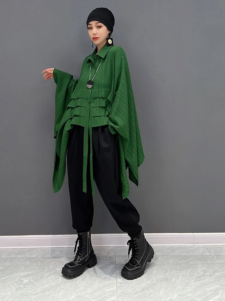 Hot Sale Korean Version Batwing Sleeve Shirt Women Loose Black Green Irregular Blouse 2024 Summer LHX2492