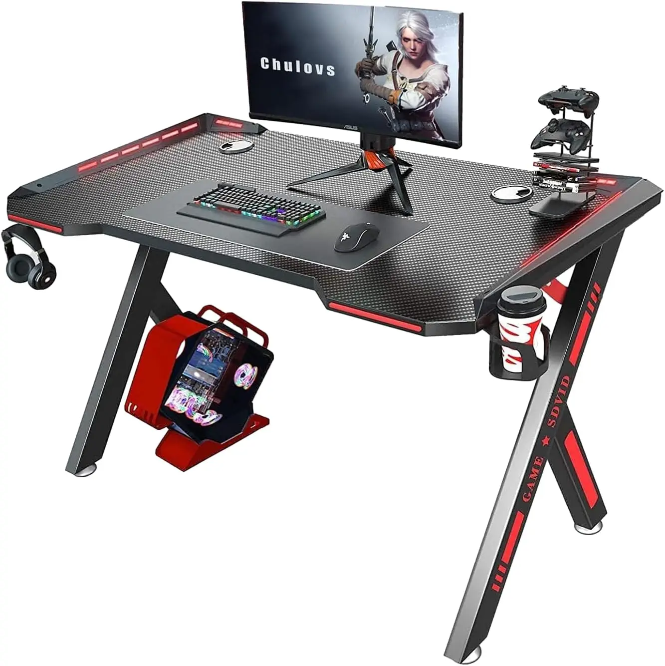 Chulovs Gaming Desk with LED RGB Lights 120cm PC Computer Desk Y Shaped Gamer Home Office Computer Desk Table with Handle Rack C