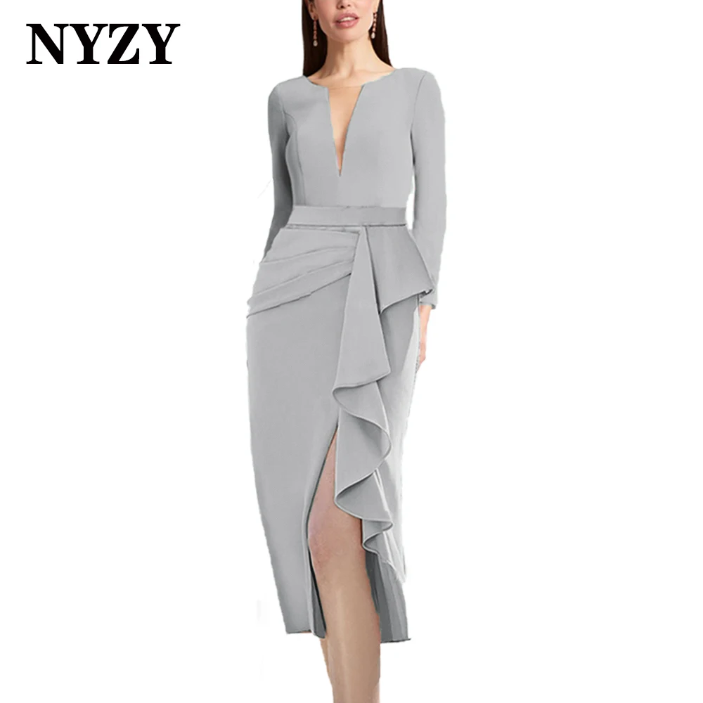 

NYZY M403C High Slit Satin Long Sleeves Ruffles Silver Grey Mother of the Bride Groom Dresses 2024 Wedding Party Evening Gowns