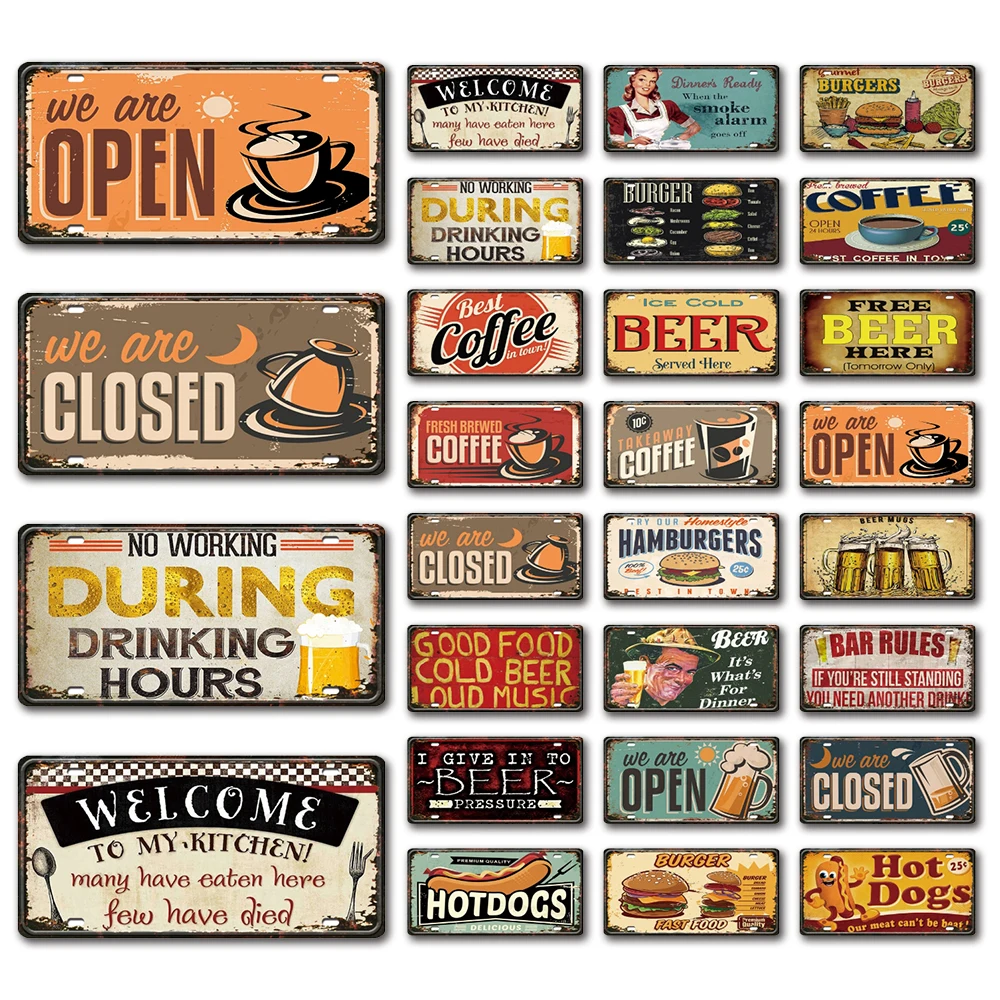 [ Mike86 ] Beer Coffee We  Are Open And Closed Hot Dog  Painting Tin Poster Metal Sign Decoration DC-17 15*30 CM Home Decor