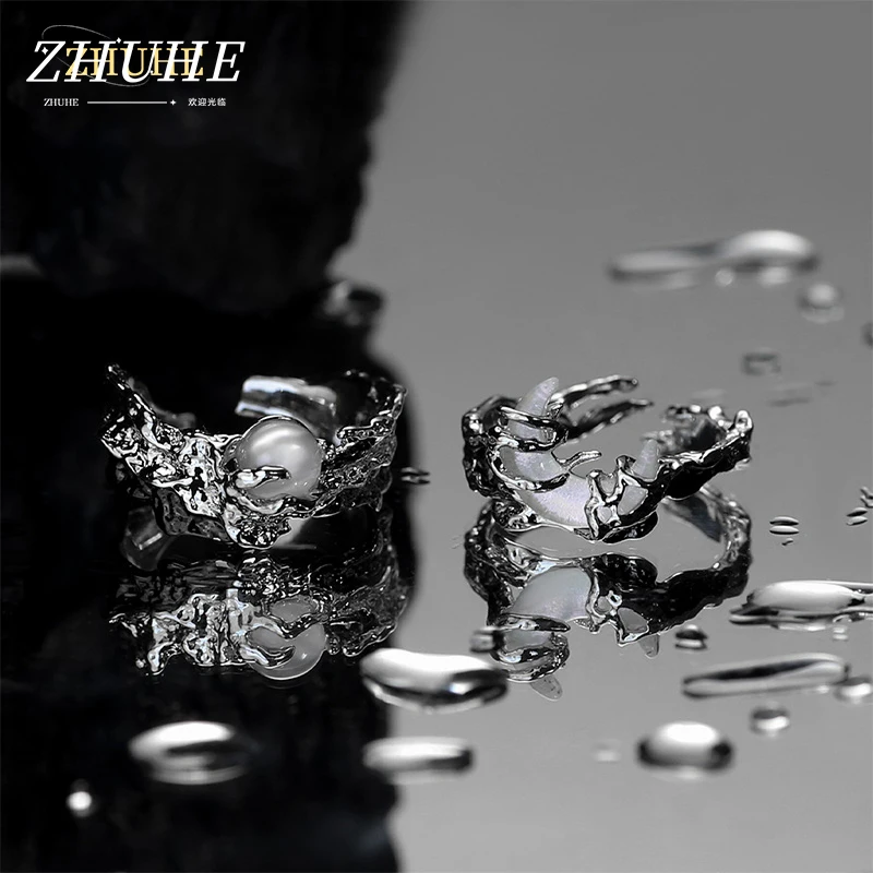 

ZHUHE Lrregular Sunmoon Open Ring Cyberpunk Style For Women Men's Jewelry Accessories