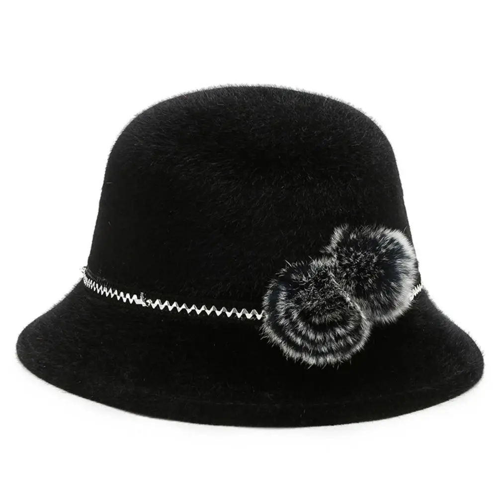 Fashion Imitation Fur Ladies Bucket Cap Casual Elegant Wool Hats With Flower Vintage Basin Hat Autumn Winter