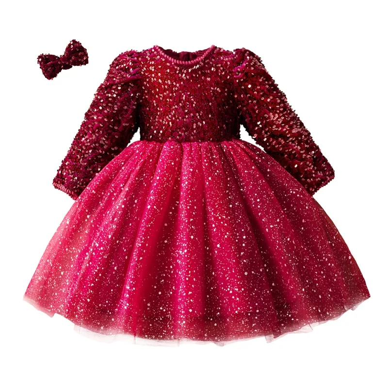 Girls Sequin Mesh Fluffy Dress Kids Red Christmas Dresses Children Long Sleeve Autumn Winter Princess Birthday Party Costume