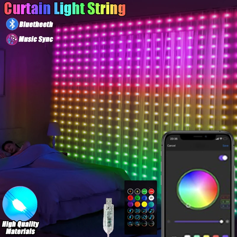 RGBIC Curtain Light String APP Bluetooth Remote Control String Lights USB Plug LED Curtain Light for Christmas Room Decorations