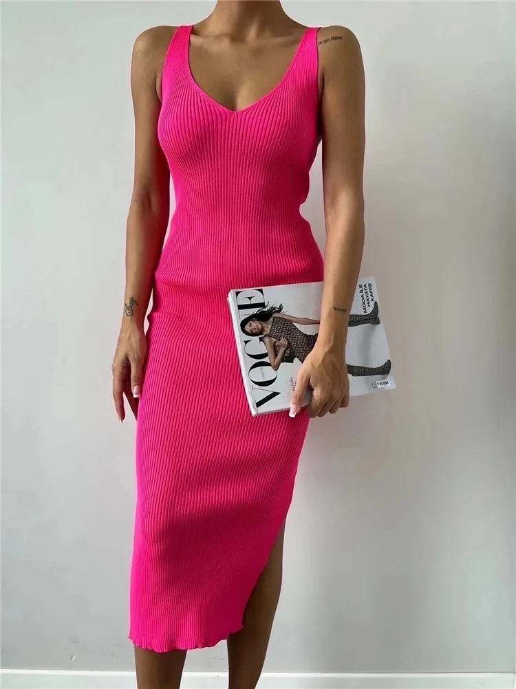 2023 Summer Knit Rib Sexy Strap V-Neck Dress Women Tank Elatic Waist Bodycon Sundress Female Beach Split Backless Long Dress