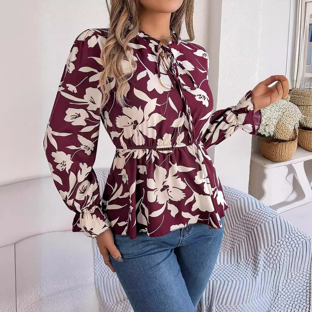 

Spring Women's Long Sleeved Lace Up Chiffon Shirt, New Casual Temperament, Flower Trumpet Sleeves, Waist Cinched Pullover Top