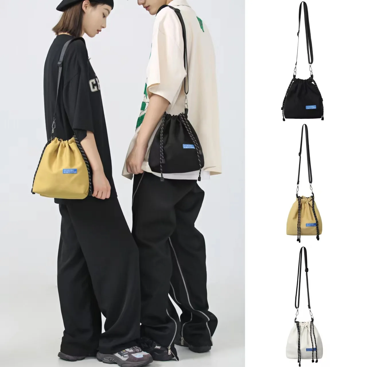 Nylon Drawstring Bucket Bag Storage Adjustable Korean Style Shoulder bag Black/White/Yellow Casual Men Crossbody Bag Female/Male