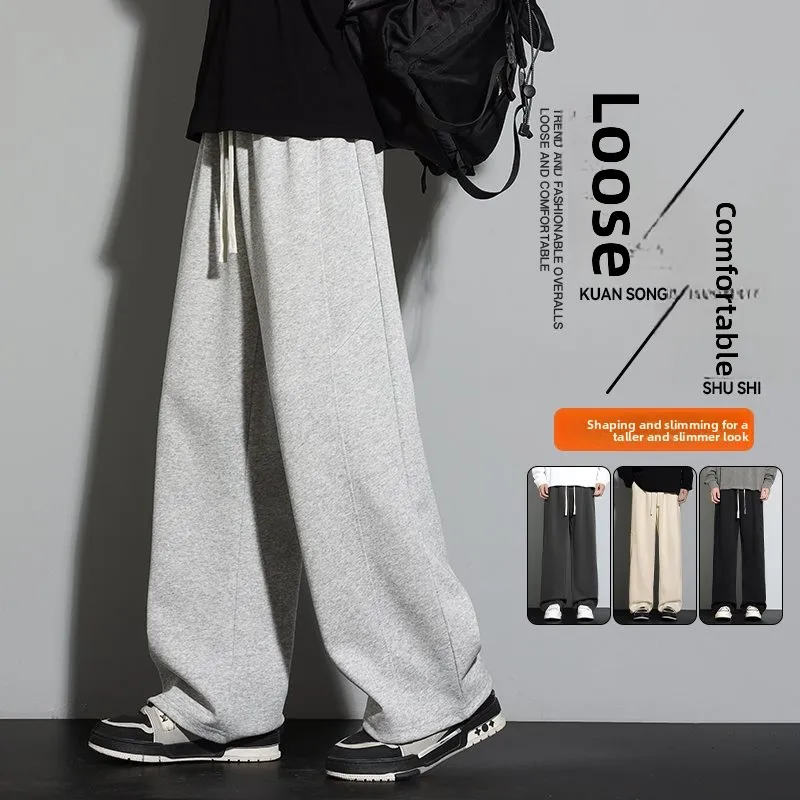 

Loose Fit Straight Leg Men's Casual Pants Elastic Waist Youthful Energy Sle High Waist Trousers for Spring Autumn