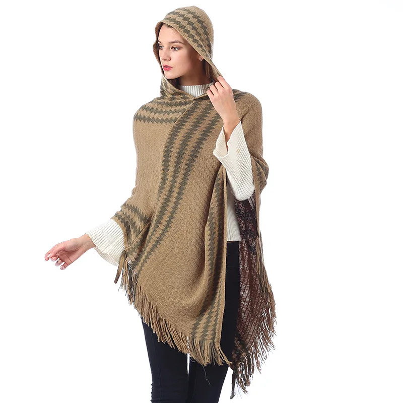 Women Spring Autumn Poncho Lady Knitted Hoodies Wrap Striped Pullover Loose Sweater with Tassel Fall  Shawl Wholesale Drop Ship