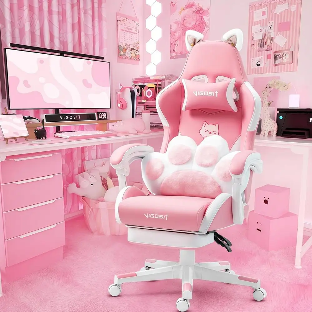 Pink Ergonomic PU Leather Gaming Chair with Footrest, 310lbs Capacity, 6-Position Recline, 360° Swivel