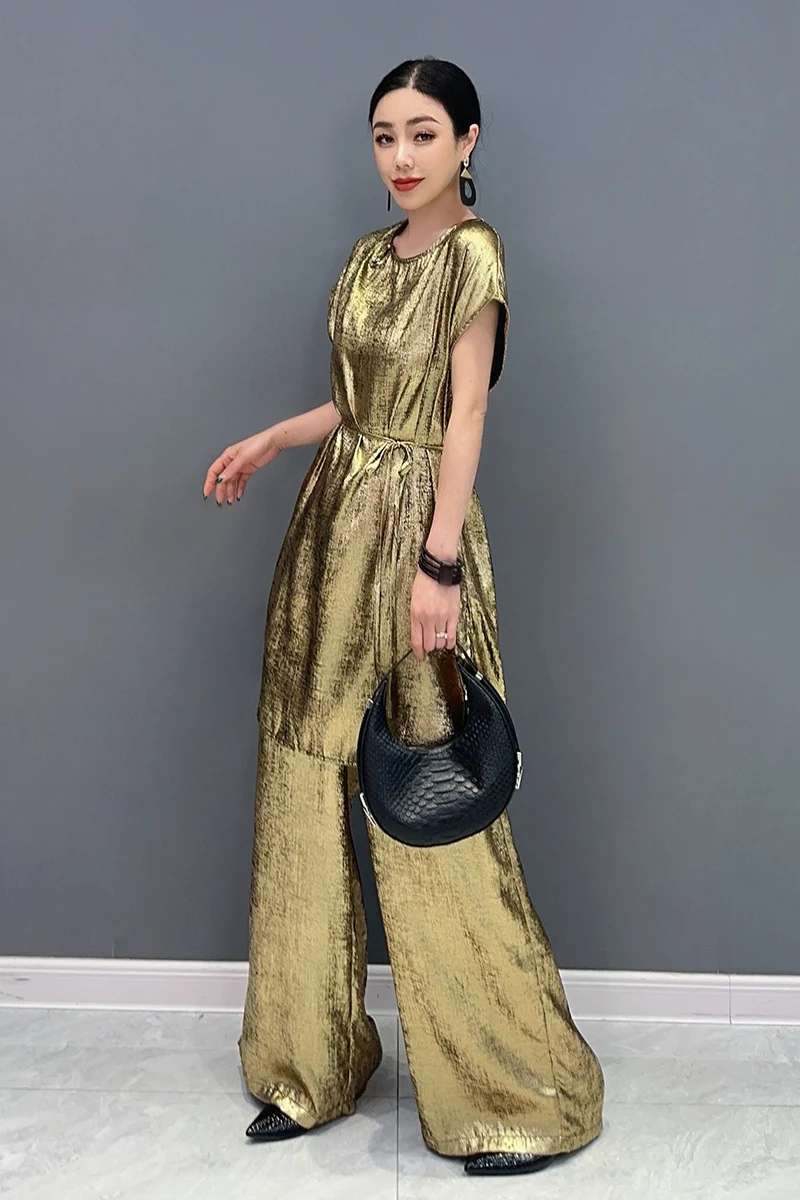 Vefadisa 2024 Summer New Gold Women\'s Set New Chinese Style Long sleeved Top Wide Leg Long Pants Two piece Fashion Set HLX018