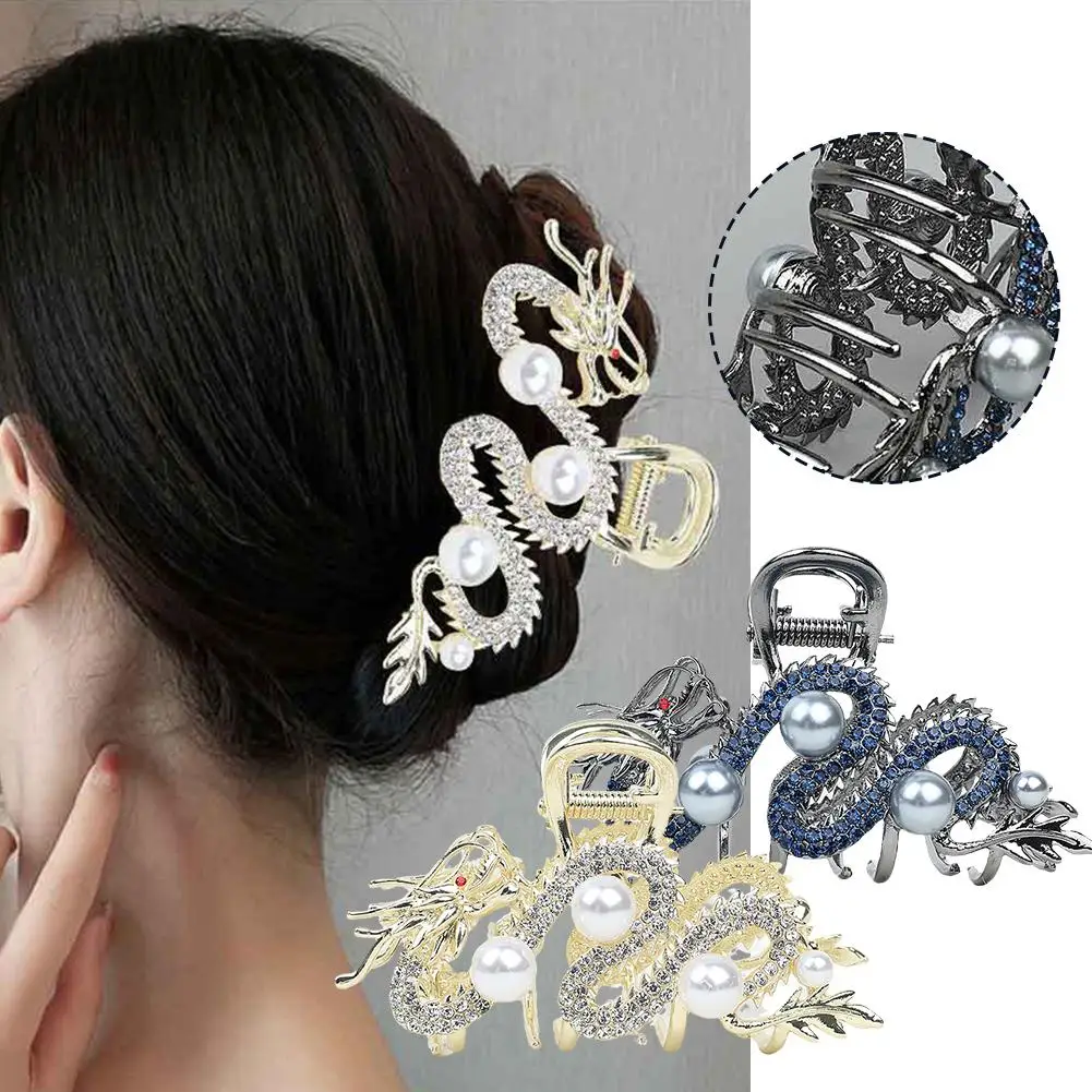 

2024 New Blue Dragon Hairpin Pearl Grab Clip Women Metal Simple Accessories Shape Shark Dragon Clip Unique Half-tied Hair Q6R2