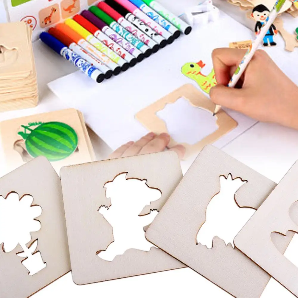 Crafts Set Educational Game DIY Painting Template Learning Educational Toys Wooden Painting Stencils Wooden Stencil Outer Board