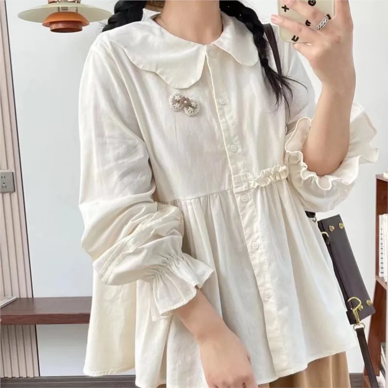 Johnature 2024 New Doll Collar Cotton Doll Shirt Women Japanese Forest Spring New Loose Casual Top With Brooch Shirts Women