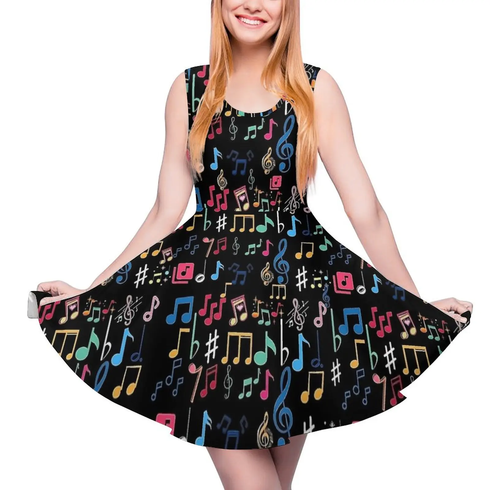 Abito con stampa di note musicali colorate Abiti Kawaii Abito da skate oversize casual senza maniche Vestido stampato femminile