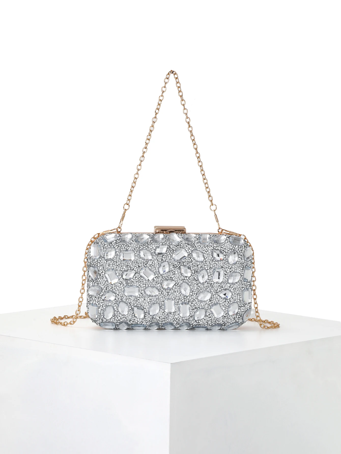 In-Stock Hot-Selling Cross-Border Shiny Rhinestone-Embellished Box Bag Evening Bag Party Women's Handbag with Metal Chain Evenin