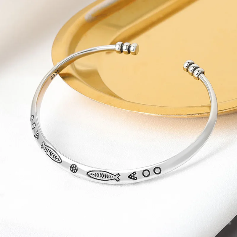 Retro 925 Silver Plated Open Cuff Bracelet For Women Men Handmade Fish Pattern Bangle Adjustable Jewelry Accessories image 4