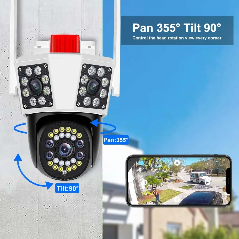 Cámara inalámbrica PTZ 6K 12MP para exteriores, videocámara IP de tres pantallas con WiFi, protección de seguridad, seguimiento automático, videovigilancia CCTV