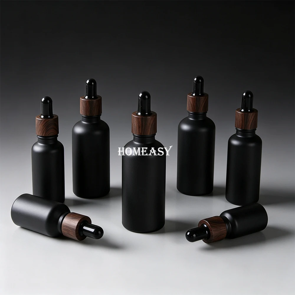 Matte Black Glass Dropper Bottle 7 Sizes Essential Oil Bottle Wooden Lid Refill Aroma Diffuser Storage