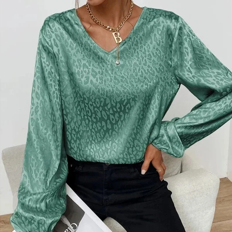 Office Lady Leopard Printing Chiffon Shirt Spring Autumn 2024 V-Neck Long Lantern Sleeve Loose Blouse Women\'s Clothing 19168